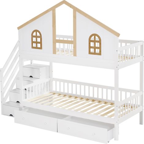 Letto a castello per bambini 90 x 200 cm bianco naturale con scala contenitore e cassetti (1/5)