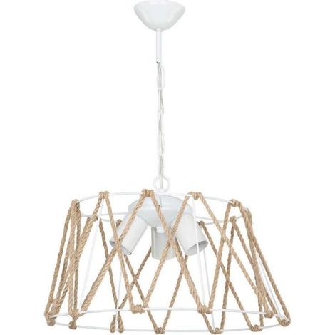 Lampada a sospensione 55h con 3 luci in metallo bianco e corda (1/5)