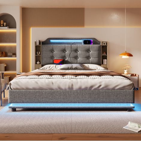 letto contenitore 140x200 LED USB leinen MDF grigio OKMYHOME (1/5)