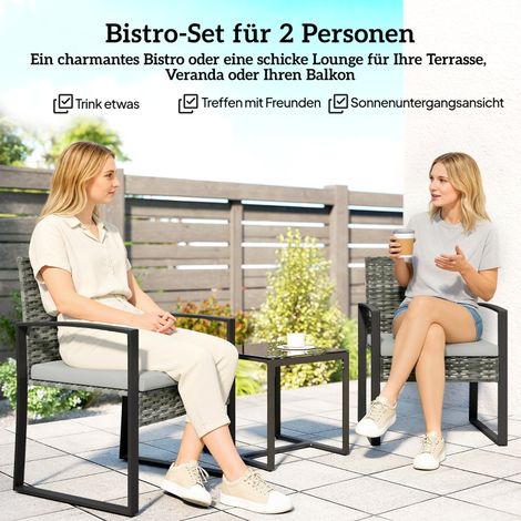 Ensemble bistro trois pièces rotin synthétique deux fauteuils et table basse, coussins amovibles gris clair pour jardin (1/4)