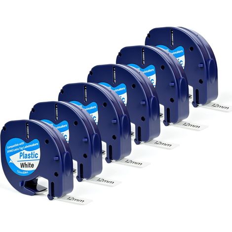 Recharge de ruban d'étiquettes Irovami Dymo LetraTag, lot de 6, plastique blanc, 12 mm x 4 m, compatible avec les étiqueteuses LetraTag 200B, LT 100H et LT 100T Plus. (1/5)