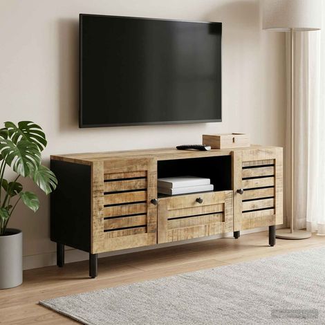 Meuble TV en bois de manguier massif, 2 portes et 1 tiroir, naturel, 105 x 33 x 46 cm - PANGIVO (1/5)
