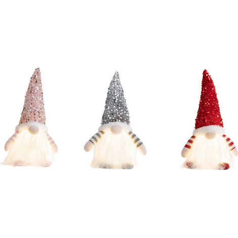 Gnome Lumineux - Décoration De Noël Avec Lumière Chaude - Pour Intérieur Et Arbre De Noël - Lot De 3 Pièces - Rouge Et Gris (1/5)