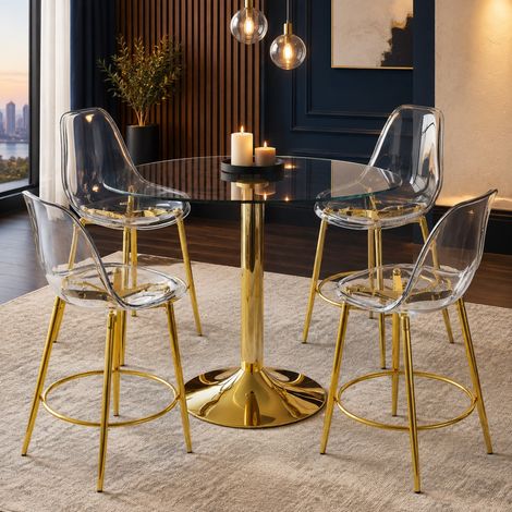 Set bar Ø 89 cm in vetro trasparente e metallo dorato con 4 sgabelli - MEUBLIV (1/5)