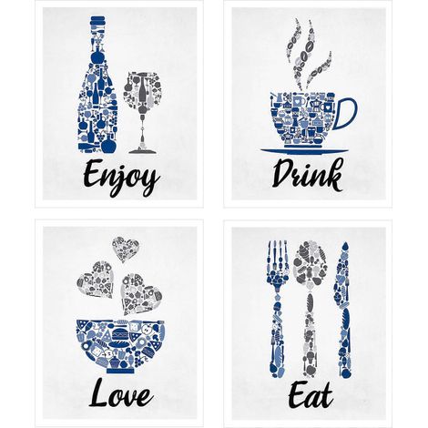 Décoration murale vintage inspirante pour cuisine, restaurant, café, bar, bleu marine, gris cobalt et blanc. (1/4)