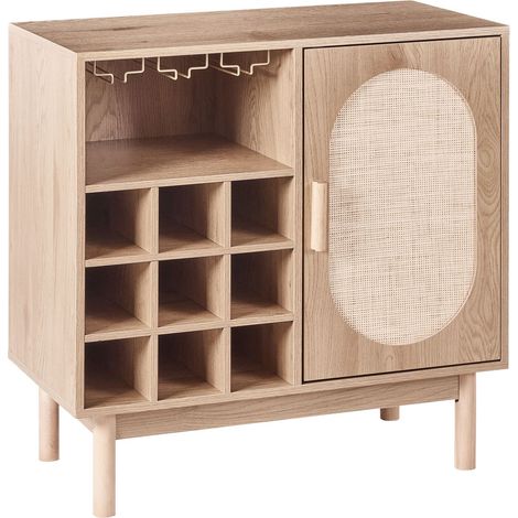 Wine Cabinet Light Brown Particle Board Rattan Front Wooden Legs Sideboard with Wine Rack Boho Style Living Room Storage COSTELLO (1/5)