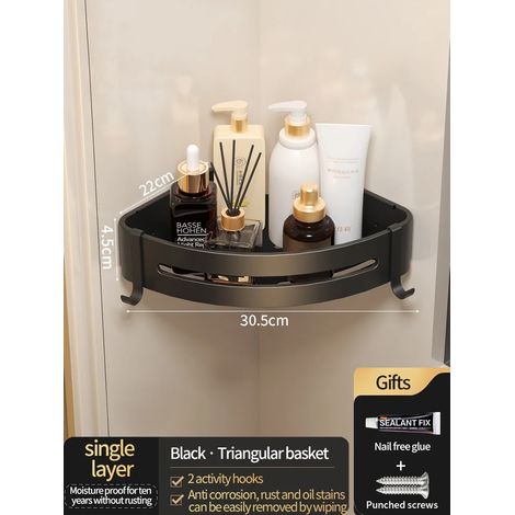 (JS45 triangle noir) Étagère murale en aluminium pour salle de bain, porte-shampoing, rangement et organisateur de cuisine : installation sans perçage. (1/5)