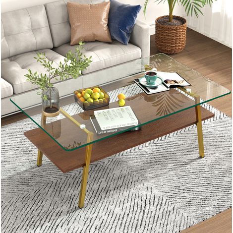 Table basse en verre trempé, pieds métalliques, doré et marron, 98 x 58 x 42,5 cm OKMYHOME (1/5)