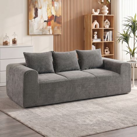 Canapé 3 Places en Chenille 220 cm, Canapé Salon Moderne avec Assise et Accoudoirs Larges, 3 Coussins, Gris (1/5)