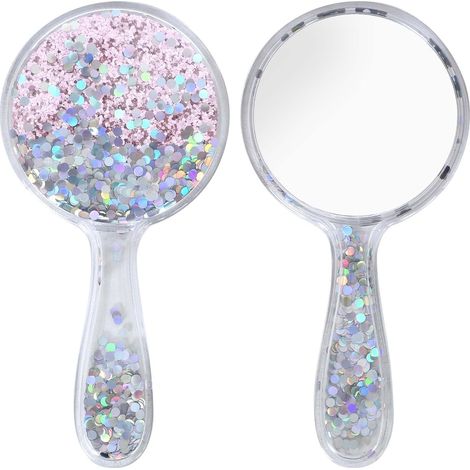 Miroir à main professionnel avec poignée, miroir de maquillage, forme ronde, miroir de rasage de coiffure, miroir de poche rond pour portable, maison, voyage (rose) (1/5)