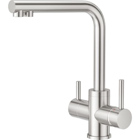 Robinet de Cuisine 3 Voies, Mitigeur 3 Voies Cuisine Pivotant à 360°, Robinetterie Cuisine Eau Potable, Robinet Évier de Cuisine avec Sortie Eau Filtrée, Brossé (1/5)