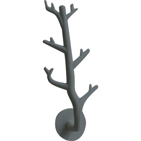 Gancio a parete a forma di ramo d'albero, realizzato in polipropilene spesso, robusto appendiabiti per astucci portagioie, grigio. (1/5)