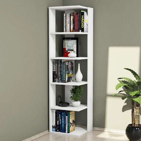 Bibliothèque Corner Étagère Murale - avec étagères, pour Salon, Bureau - Blanc en Bois, 41,8 x 41,8 x 160,8 cm (1/4)