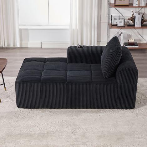 Divano chaise longue 158x93x61 cm nero in velluto a coste con tasche laterali e portabicchieri (1/5)