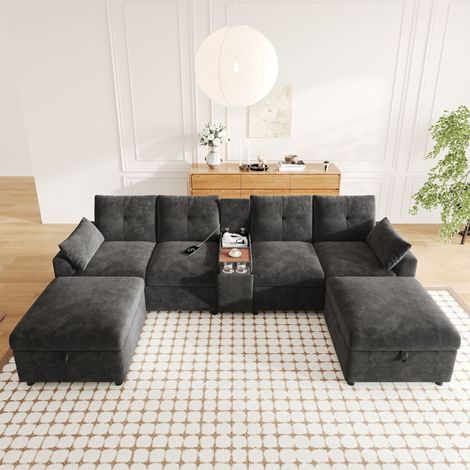 Canapé d'angle modulable U ou L 316 x 140 x 84,5 cm Canapé 6 places avec console USB-C et 2 poufs coffre Chenille Gris (1/5)