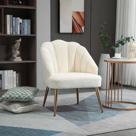Gepolsterter Sessel mit Muschellehne, Samtsessel mit goldenen Beinen, für Schlaf- und Wohnzimmer, Creme
