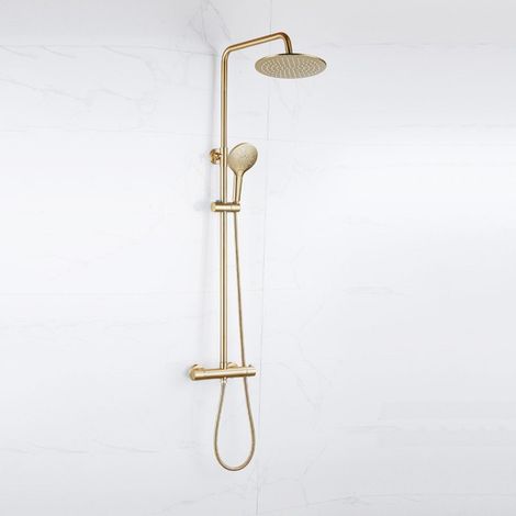 FugaFlow Eccelente Sobrado Ensemble de douche pluie - thermostatique - pommeau 25cm - douchette ronde - Laiton brossé PVD (1/4)