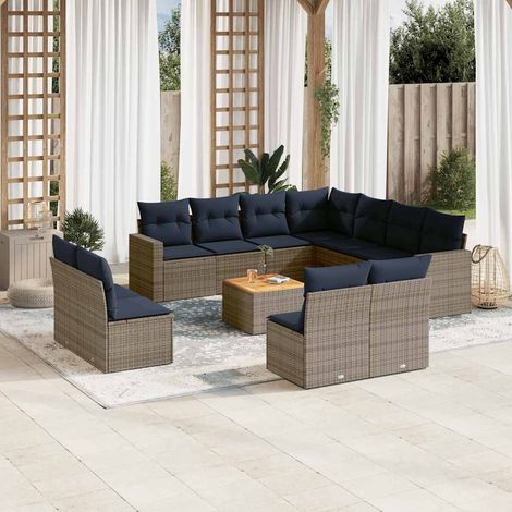 Ensemble salon jardin modulaire 12 places gris résine tressée avec 11 coussins siège lavables et table en acacia (1/5)