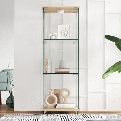 Vitrine d'exposition moderne et minimaliste en verre avec éclairage LED — Vitrine / Bibliothèque en verre trempé — Idéale pour salon et chambre — Design à une porte et trois niveaux — Finition bois na