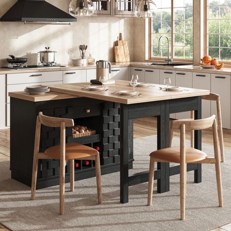 Îlot de cuisine multifonction 120-197x40x74,2 cm, plateau extensible pivot 360°, meuble d'appoint avec tiroirs et casier à vin amovible, MDF, noir (1/5)