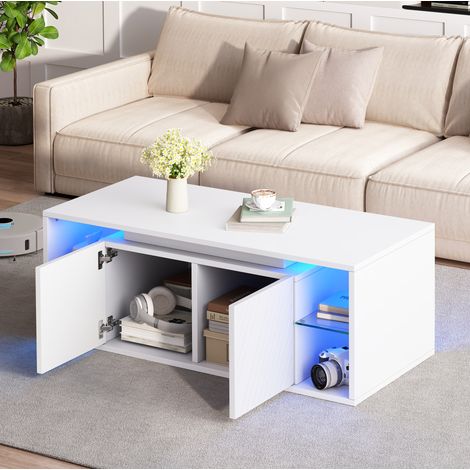 Tavolino da caffè 100x50x41 cm, con LED, 2 porte, ripiani semiaperti, pannello truciolare bianco (1/5)