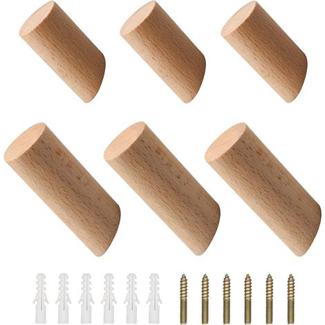 Crochet Murale En Bois - 6 Pièces - Dimensions 3x6 cm Et 3x8 cm - Pour Vestiaires, Salles De Bains, Couloirs, Cuisines, Séjours - Fixation Incluse (1/5)