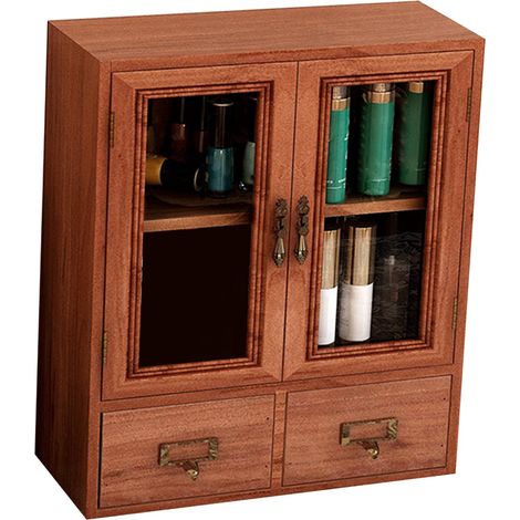 Coffret de rangement de bureau en bois à double porte et tiroirs, style rétro, en bois à grain clair, pour flacons de parfum et cosmétiques. (1/5)