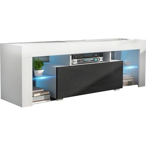 Meuble TV SPIDER A LED en Blanc MAT avec porte Noir Laqué 130 cm (1/4)