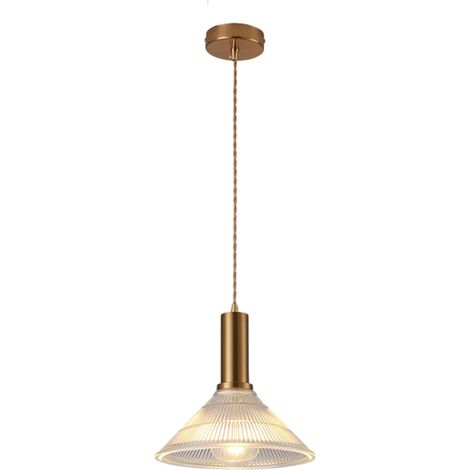 Suspension Luminaire - Abat-jour Suspendu en Verre Transparent Strié de 25 cm avec Douille E27 Dorée et Câble Tressé - Lampe à Suspension pour Îlot de Cuisine, Salon (1/5)