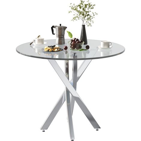Table salle à manger ronde verre trempé 80x80x75 cm, pieds galvanisés argent - Design moderne épuré, table basse ou repas