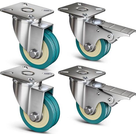SET 4 Ruote per carrelli e mobili verdi da 50 mm - Ruote piroettanti a 360° con portata max di 200 kg - 2 ruote con freno e 2 senza (1/5)