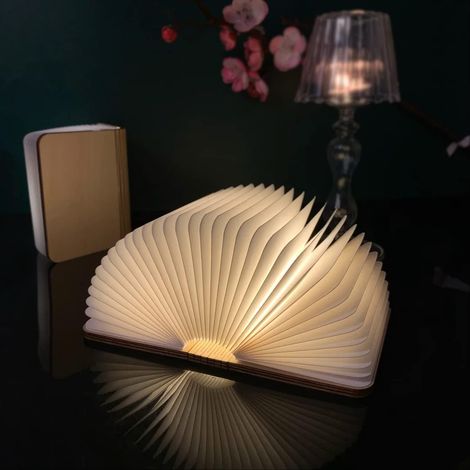 LED Bois Livre Lampes, Lampes décoratives,Grande lampe de chevet LED pliable en bois Blanc chaud en papier avec câble USB, Veilleuse Lumieres,Lampe de Lecture Pliante