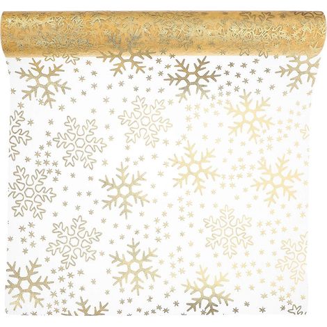 Chemin de table festif à flocons de neige dorés, décoration élégante pour les fêtes de Noël et d'hiver, 4570 x 28 x 0,05 cm, polyester, 1 pièce (1/5)