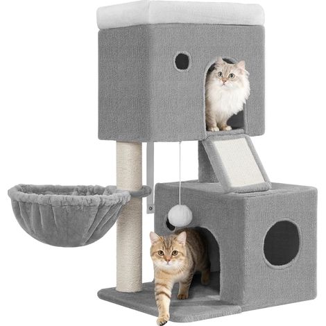 Arbre à Chat, 82 cm Tour pour Chats, Arbre à Plusieurs Niveaux avec 2 Condos Confortables, 1 Plate-Forme Moelleuse, Panier, Griffoir en Sisal, Planche à Griffer, Pompons, Gris Clair (1/5)
