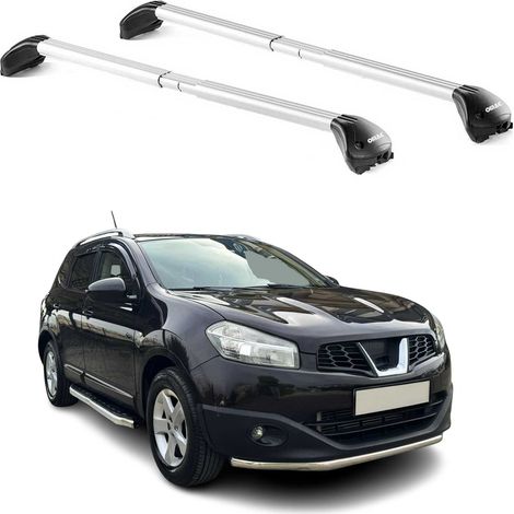 OMAC Barres de toit transversales certifiées TÜV pour Nissan Qashqai J10 +2 2007-2013 – Verrouillables (4 antivols) – Charge max 100 kg – Sangle inox + protection caoutchouc Argent (1/4)