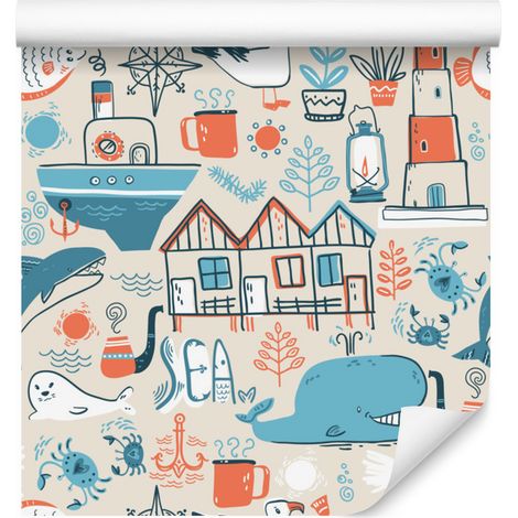 Carta da parati con animali marini in stile scandinavo per soggiorno e camera da letto, 50x1000 (1/5)