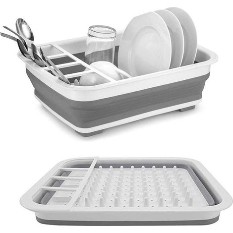 Lot de 2 égouttoirs extensibles pour vaisselle, pliables, coloris gris et blanc, gain de place cuisine (1/5)
