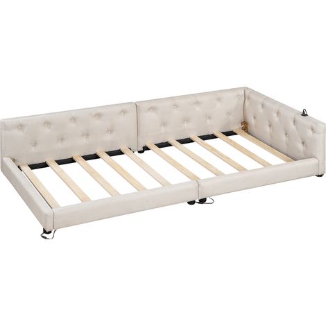 Cama banco 90x200 cm en lino beige con somier, USB Type-C e iluminación LED (1/5)