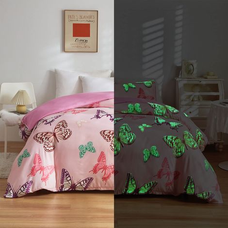 Parure de lit lumineuse pour enfant et fille,155x220 cm,Motif papillon dans le noir,Décoration lumineuse,Douce réversible et respirante,En microfibre,Housse de couette et taie d'oreiller,80x80 cm (1/5)