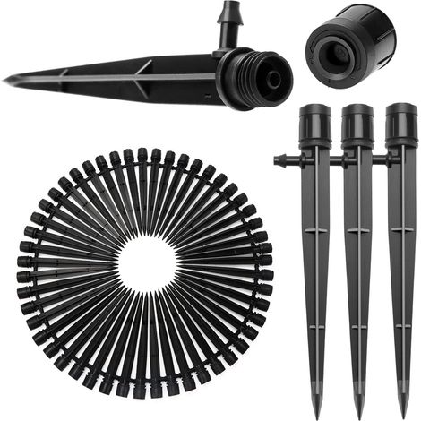 50 Pieces Adjustable Irrigation Dripper, 360 Degree Micro Drip Sprinkler with Barbed Connector & Support Stake for 4/7 mm Tube, Irrigation Dripper Insertion, Black (1/5)