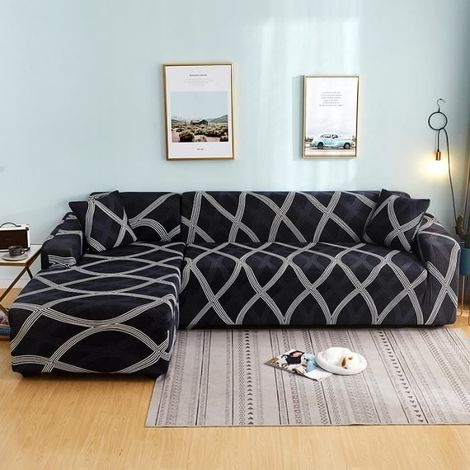 (Schwarz – wie abgebildet) Ecksofabezug-Set für 3-Sitzer- und 2-Sitzer-Sofas, L-förmiger elastischer Sofabezug + 2 Kissenbezüge (1/4)