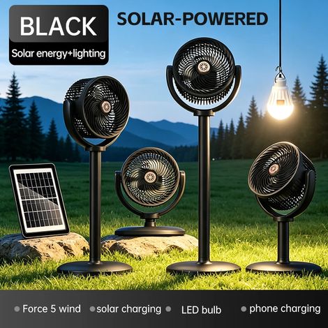 Ventilateur de circulation d'air (noir, à énergie solaire), ventilateur d'extérieur, ventilateur de camping, ventilateur sur pied rechargeable, 5 vitesses réglables (1/5)