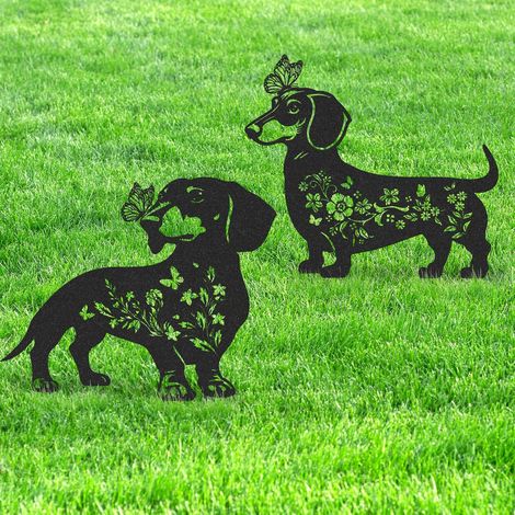 Piquets de jardin en métal à motif floral teckel et papillon - Lot de 2 - Décoration de jardin silhouette de chien (1/4)