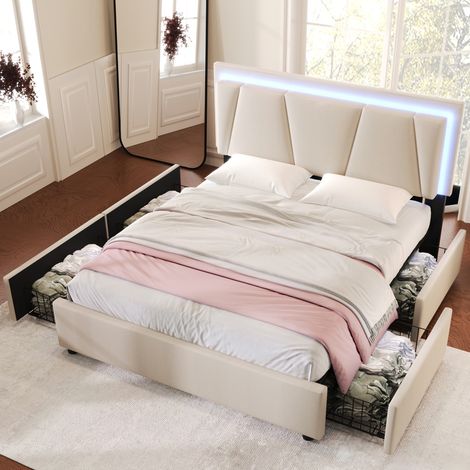 Lit 140x200 cm avec 4 tiroirs, lit adulte, lit ados, lit capitonné beige avec tête de lit réglable en hauteur et éclairage LED, sans matelas