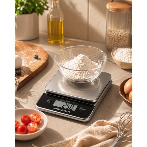Balance de cuisine numérique Aigostar 5kg acier inoxydable haute précision 0.1g, fonction tare conversion unités, fiable pratique pour cuisson pâtisserie (1/2)