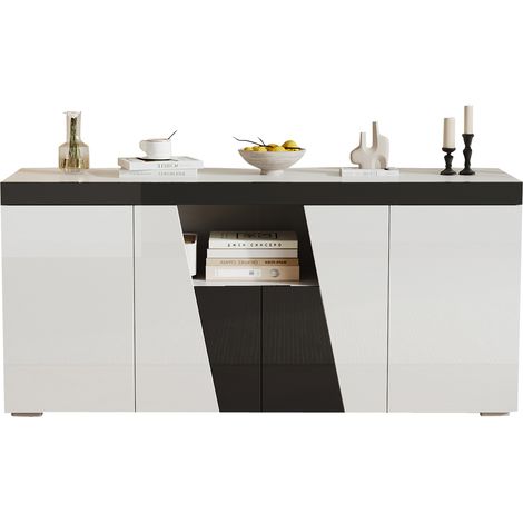 Meuble de rangement 140x40x65 cm pour salon, grand buffet avec 3 compartiments et 4 portes, design angulaire et bicolore noir et blanc (1/5)