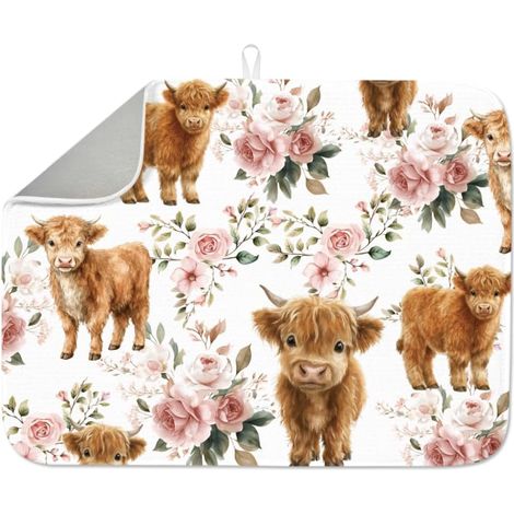 Highland Cow Tapis de séchage pour vaisselle Motif vache 60 x 45 cm En microfibre polyester coton absorbant les bovins Résistant à la chaleur Accessoire de station de café avec boucle de (1/5)