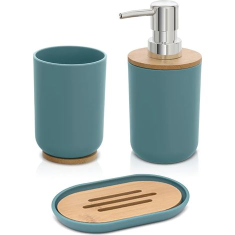 Accessori bagno da appoggio in set 3 pezzi in abs acquamarina e bambù Surf (1/5)