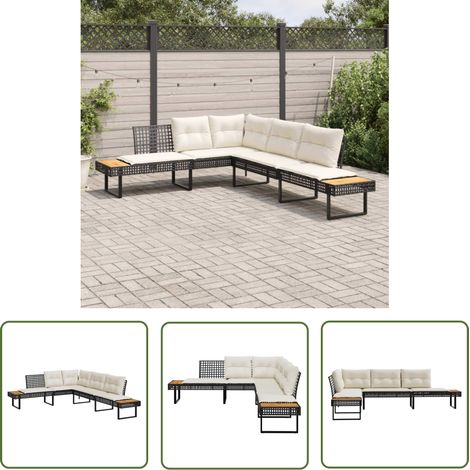 The Living Store Gartensofa in L-Form mit Kissen Schwarz Poly Rattan und Akazie - Gartensofa - Outdoor Sofa - Lounge Set - Rattan Sofa - Gartenmöbel (1/5)