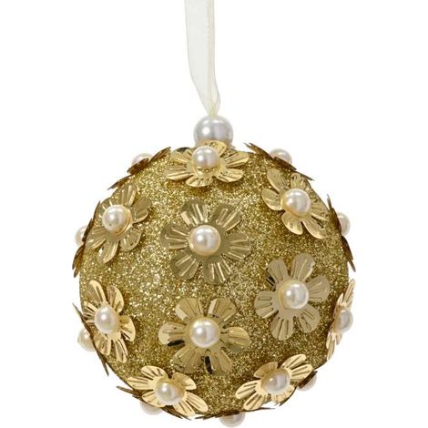 Decoris Pallina di Natale Oro Glitter 8 cm con Fiori di Perle
